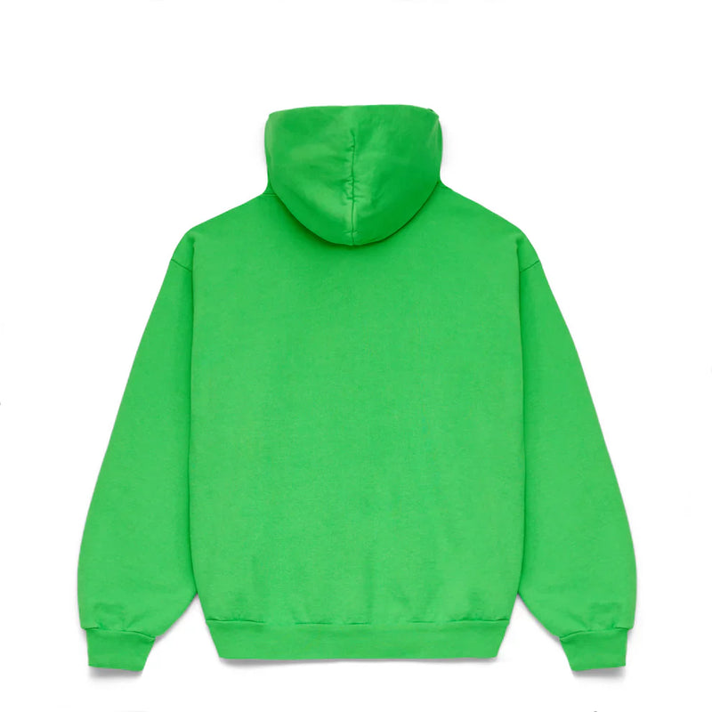 The Sp5der “Web Core” Hoodie in neon green (440GSM heavyweight, oversized streetwear pullover) is shown from the back with its hood up and sleeves spread, set against a white background—a bold refresh of the signature style.