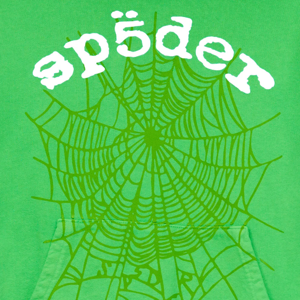 The Sp5der “Web Core” Hoodie in neon green is a 440GSM heavyweight oversized pullover with a bold spiderweb graphic and "ɑpɪdər" lettering, perfect for streetwear fans seeking standout style.
