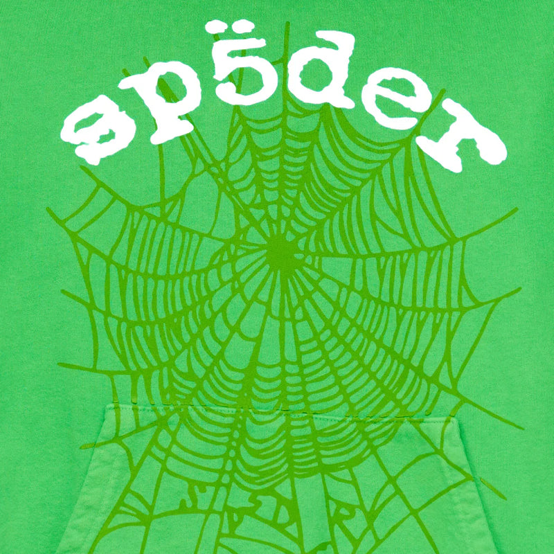 The Sp5der “Web Core” Hoodie in neon green is a 440GSM heavyweight oversized pullover with a bold spiderweb graphic and "ɑpɪdər" lettering, perfect for streetwear fans seeking standout style.