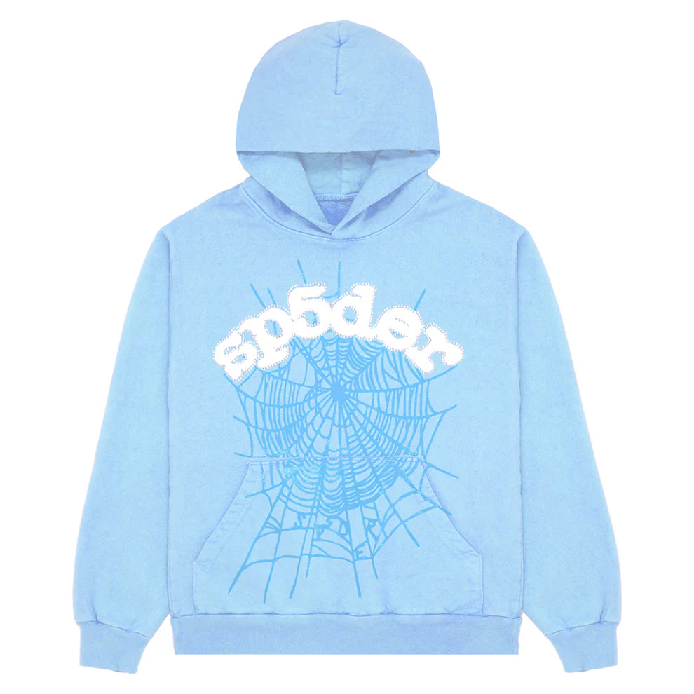 Sp5der Hoodie – Sky Blue 440GSM Heavyweight Chenille Logo Spider-Web Streetwear Pullover