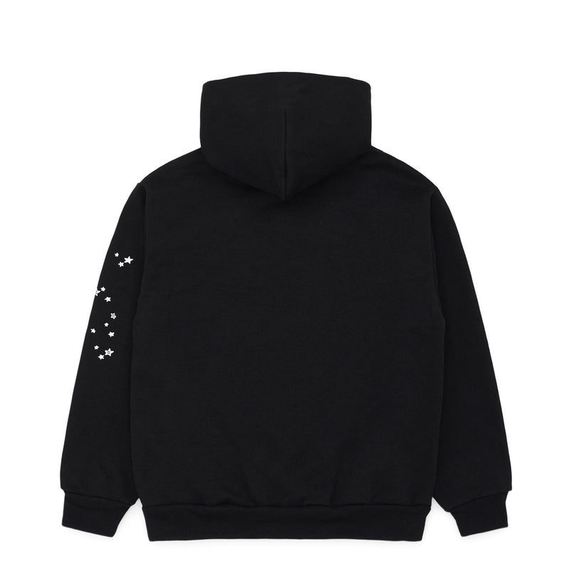The Sp5der “Webcore Noir” Hoodie – Black & White 440GSM Heavyweight Oversized Streetwear Pullover is shown laid flat, back up, with a small white star detail on the upper right sleeve and an otherwise plain fleece design.