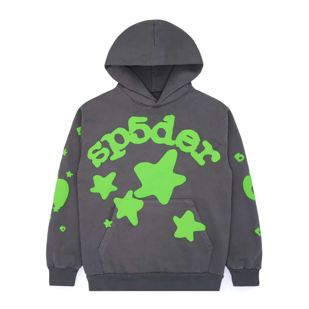 The Green and Grey Sp5der Hoodie is a 440GSM heavyweight oversized sweatshirt with a front pocket, hood, bright green "sp5der" text, and green star graphics on the chest and sleeves for standout streetwear style.