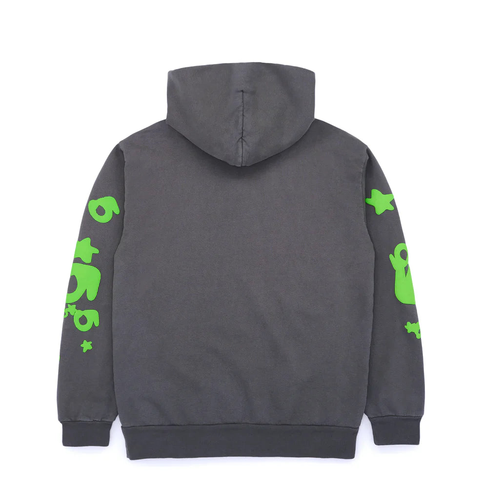 Sp5der 440GSM Heavyweight Hoodie – Grey &amp; Neon Green Star Graphic Oversized Sweatshirt