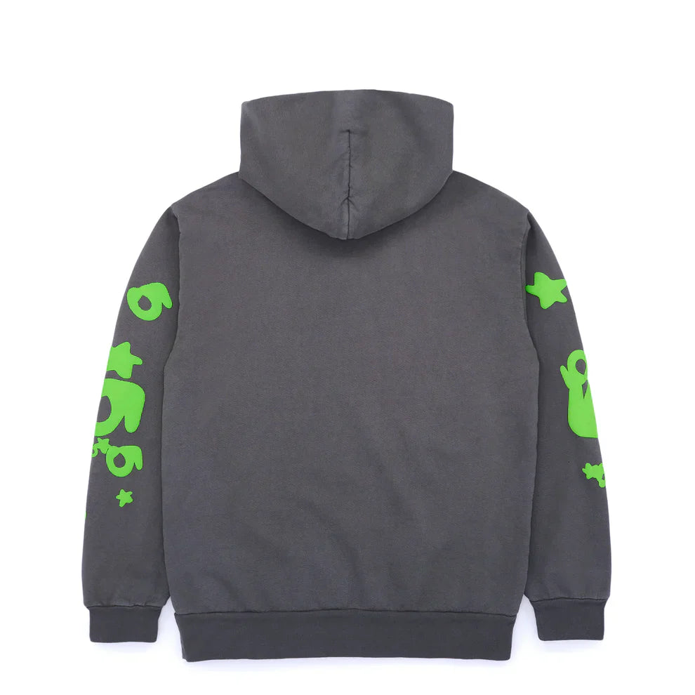 The Green and Grey Sp5der Hoodie is a streetwear-inspired, 440GSM heavyweight oversized sweatshirt, shown from the back with bright green cartoon-like star graphics on both sleeves, a plain back, and a hood.