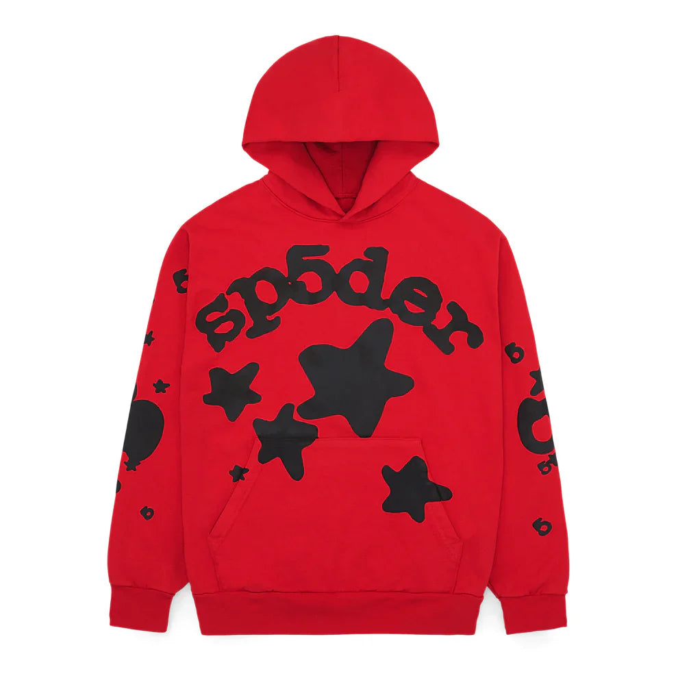 The Sp5der “Starfire” Hoodie – Red & Black is a 440GSM heavyweight oversized streetwear pullover, featuring bold sp5der text, star graphics, and additional motifs on the sleeves and pocket for a striking Y2K look.