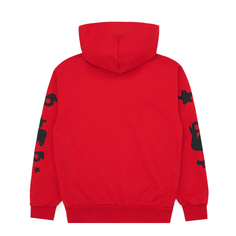 The Sp5der “Starfire” Hoodie – Red & Black is a 440GSM heavyweight oversized streetwear pullover featuring black cartoon-style sleeve graphics and a plain back, blending Y2K-inspired design with premium cotton fleece comfort.