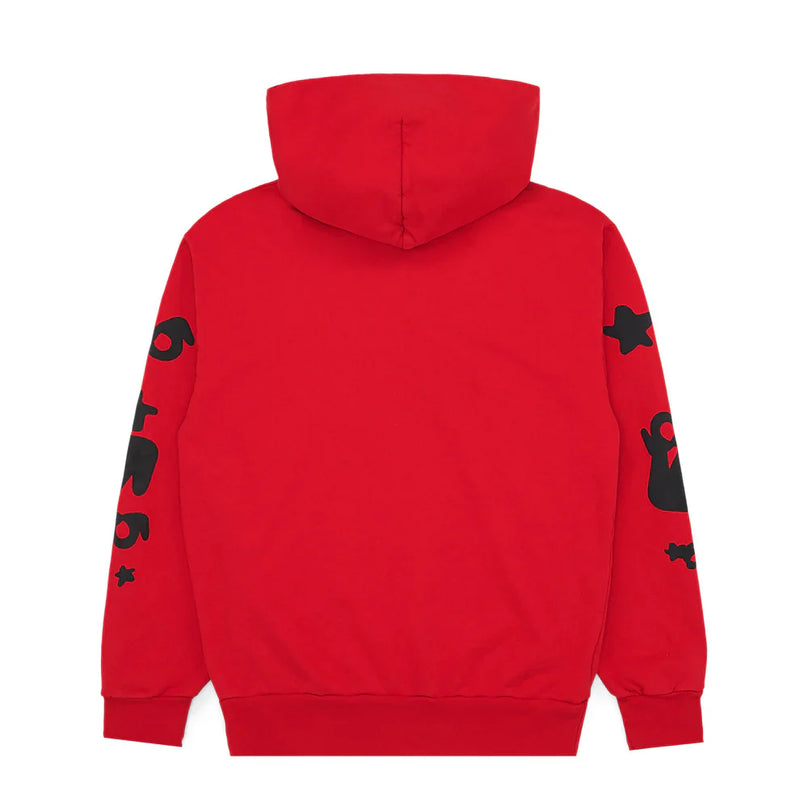 The Sp5der “Starfire” Hoodie – Red & Black is a 440GSM heavyweight oversized streetwear pullover featuring black cartoon-style sleeve graphics and a plain back, blending Y2K-inspired design with premium cotton fleece comfort.