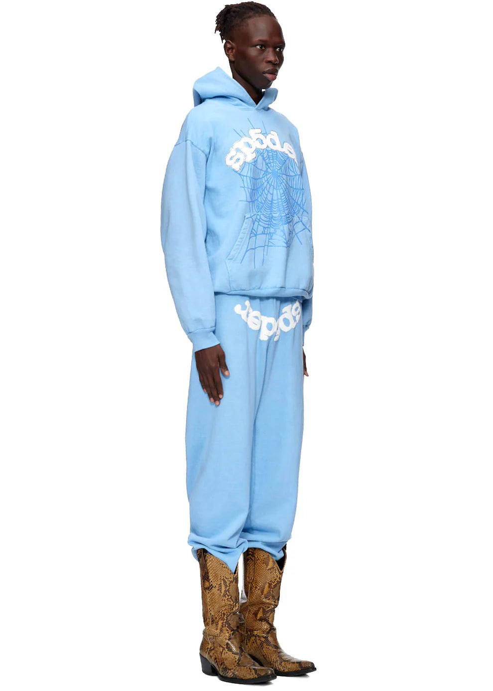 Sp5der Hoodie – Sky Blue 440GSM Heavyweight Chenille Logo Spider-Web Streetwear Pullover