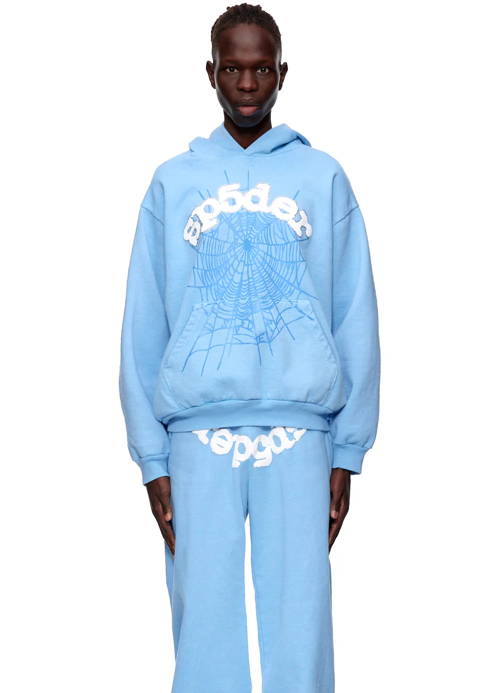 Sp5der Hoodie – Sky Blue 440GSM Heavyweight Chenille Logo Spider-Web Streetwear Pullover