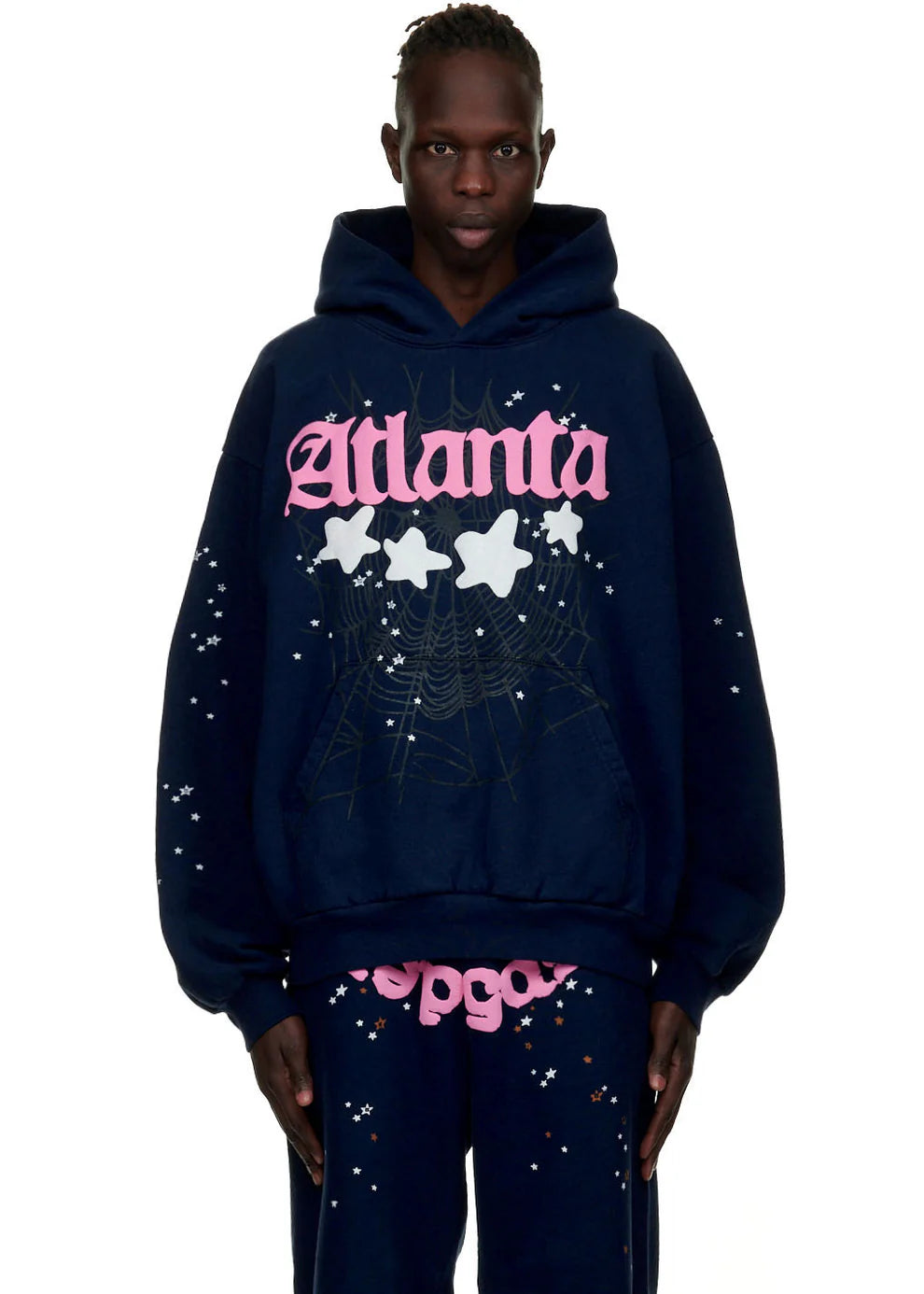 Sp5der “Atlanta Nights” Web Hoodie – Navy Blue 440GSM Heavyweight Oversized Streetwear Pullover