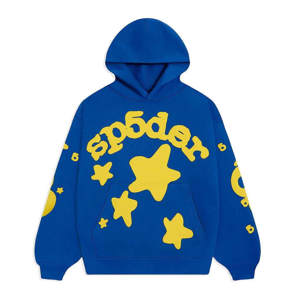 Sp5der 440GSM Heavyweight Hoodie – Royal Blue with Yellow Star 3D Puff Print