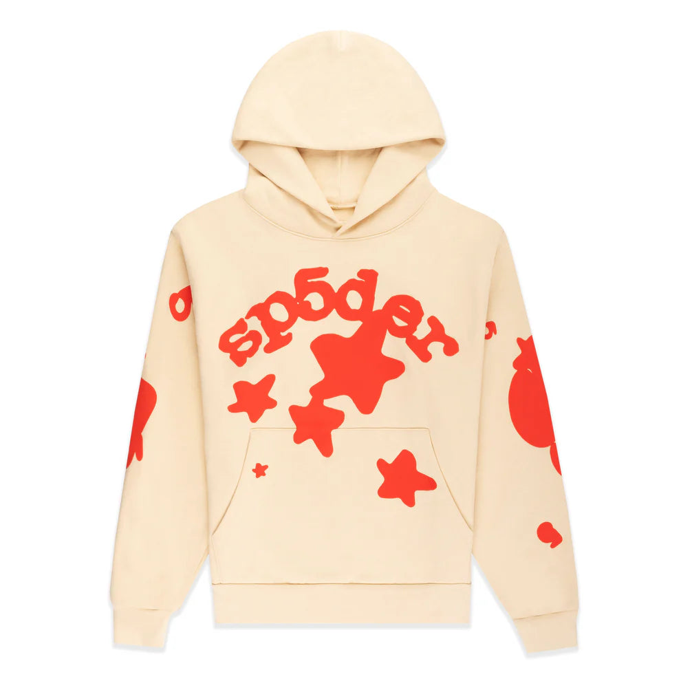 Sp5der 440GSM Heavyweight Star Hoodie – Cream with Red Puff Print Oversized Streetwear Pullover