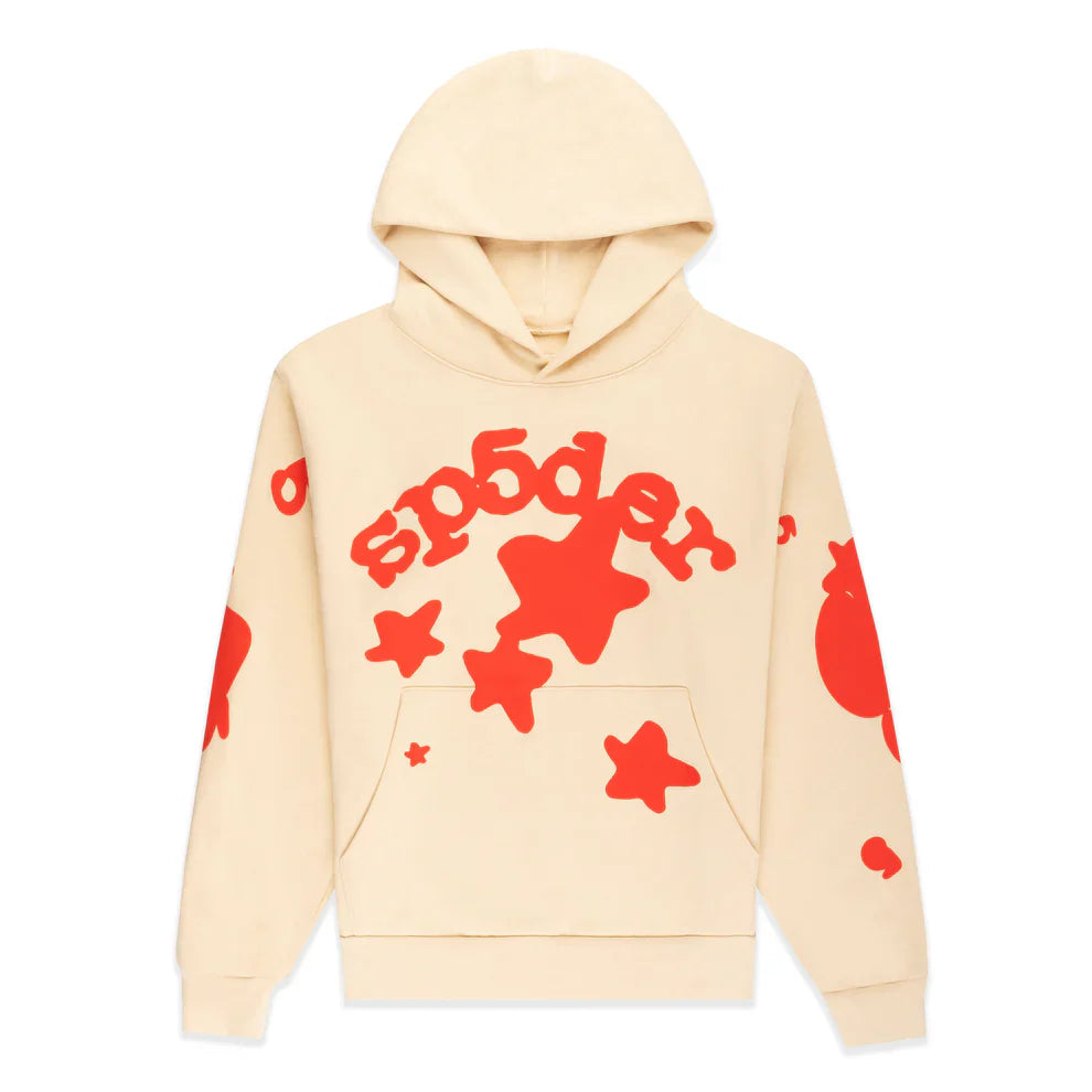 The Sp5der 440GSM Heavyweight Star Hoodie in cream features bold red puff print stars and "sp5der" lettering, offering an oversized streetwear pullover with a front pocket and hood for classic comfort and standout style.