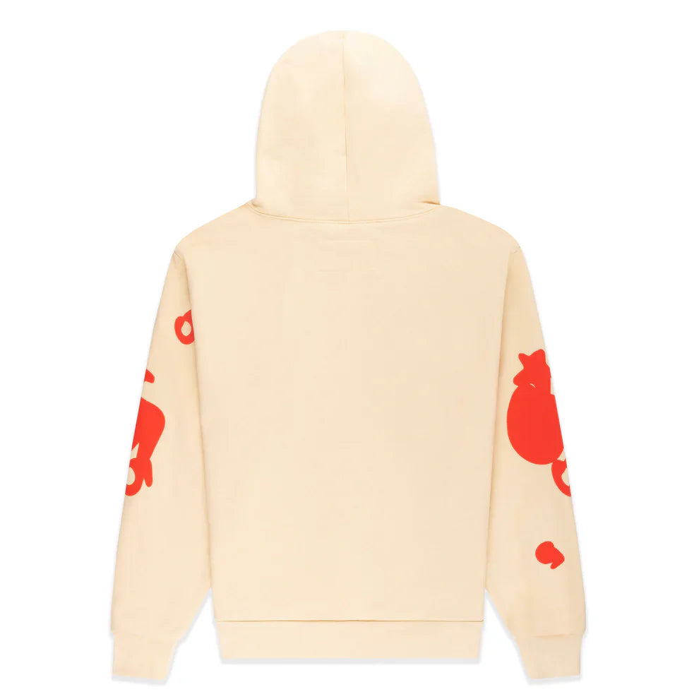 The Sp5der 440GSM Heavyweight Star Hoodie in cream features bold red puff print graphics on both sleeves for standout streetwear style. Crafted from heavyweight fleece, its back remains plain without any designs.