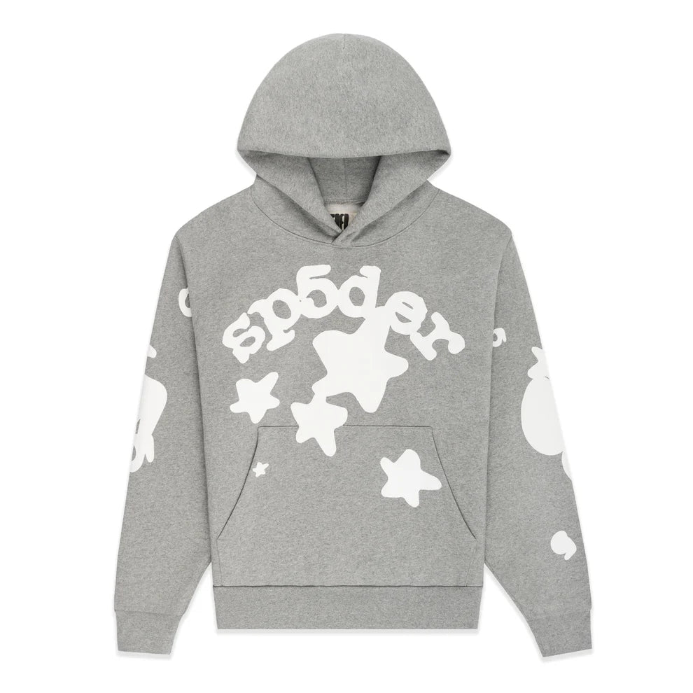 Sp5der Stars Hoodie – Grey 440GSM Heavyweight Streetwear Pullover