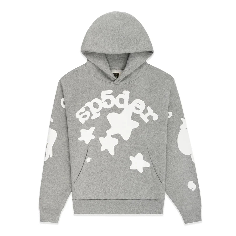 The Sp5der Stars Hoodie – Grey 440GSM Heavyweight Streetwear Pullover features white star and bubble designs with stylized chest text, a front pocket, long sleeves with matching white graphics, and is crafted from heavyweight cotton fleece.