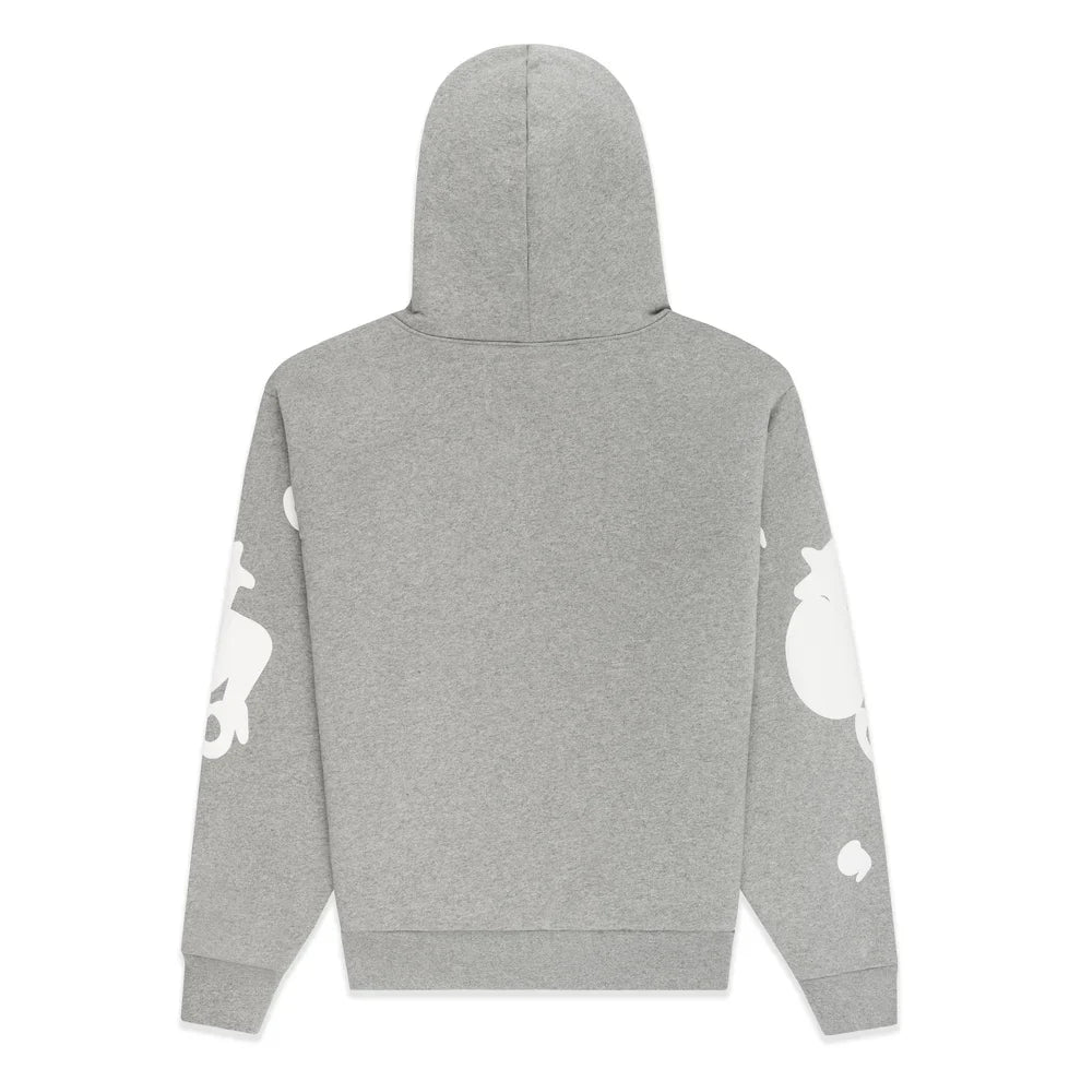 The Sp5der Stars Hoodie – Grey 440GSM Heavyweight Streetwear Pullover is shown from the back, featuring white abstract sleeve graphics on light gray cotton fleece, with a plain look and no visible logos or text.