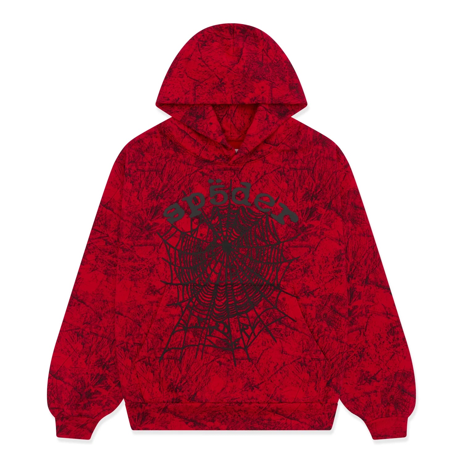 The Red Sp5der Web Hoodie 440GSM features a bold black web graphic and stylized "sp5der" text on the chest—perfect for standout streetwear style.