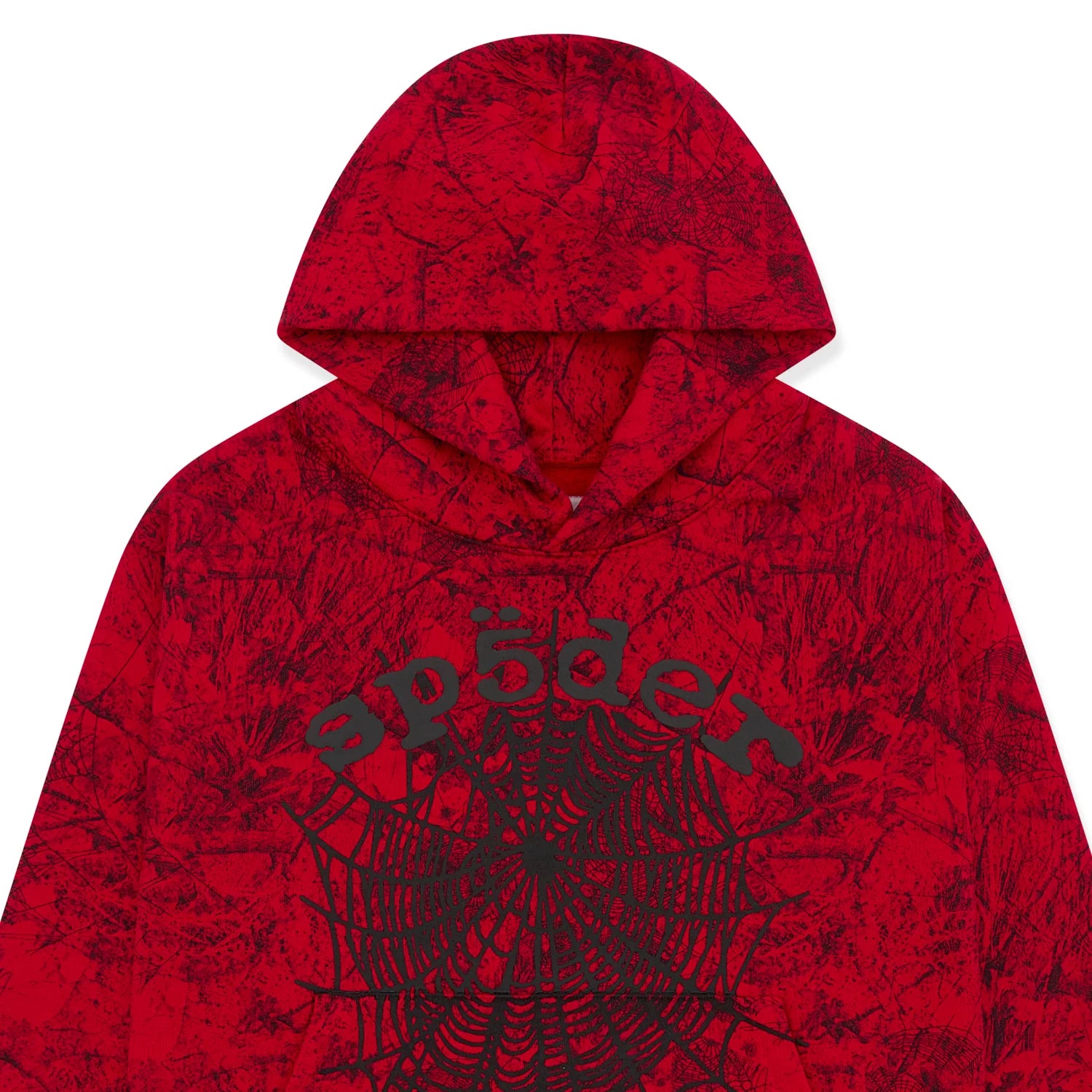 The Red Sp5der Web Hoodie 440GSM features a bold spider web graphic and “sp5der” text across the chest, making it an ideal streetwear hoodie for fans of vibrant, textured designs.