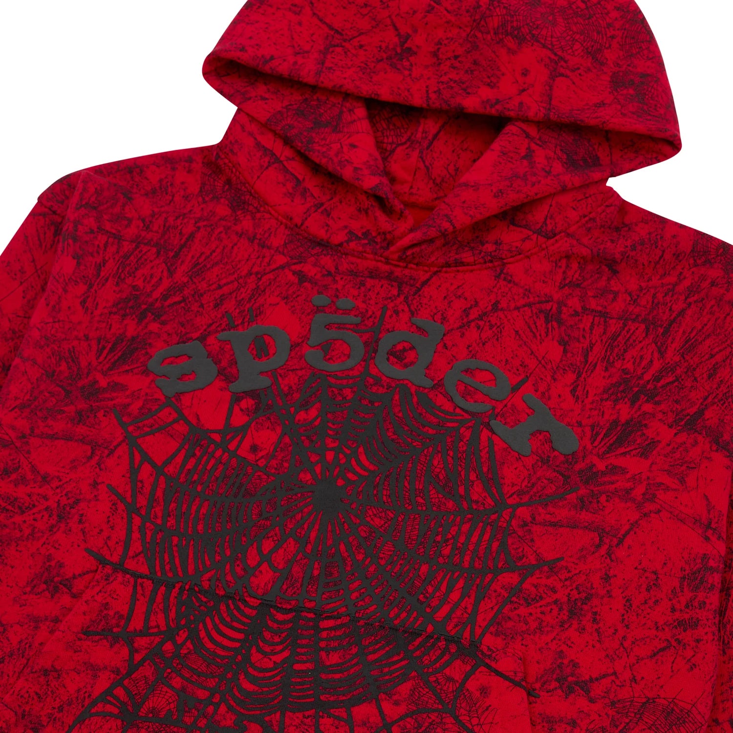 The Red Sp5der Web Hoodie 440GSM features a bold black spider web graphic and stylized "sp5der" text on the chest, plus a unique marbled texture for standout streetwear style.