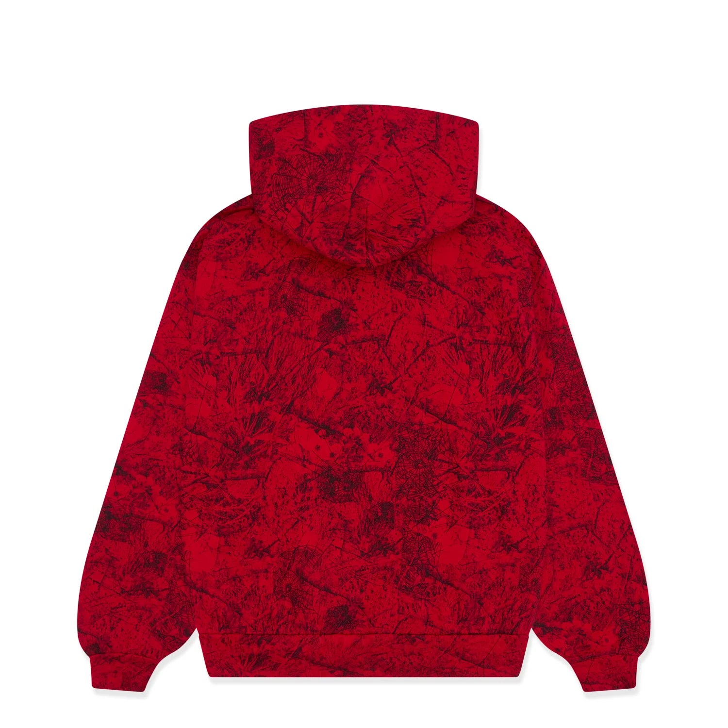 The Red Sp5der Web Hoodie 440GSM features a bold black spider web graphic across a red base, shown from the back with the hood up and sleeves spread—a standout streetwear piece for striking style.