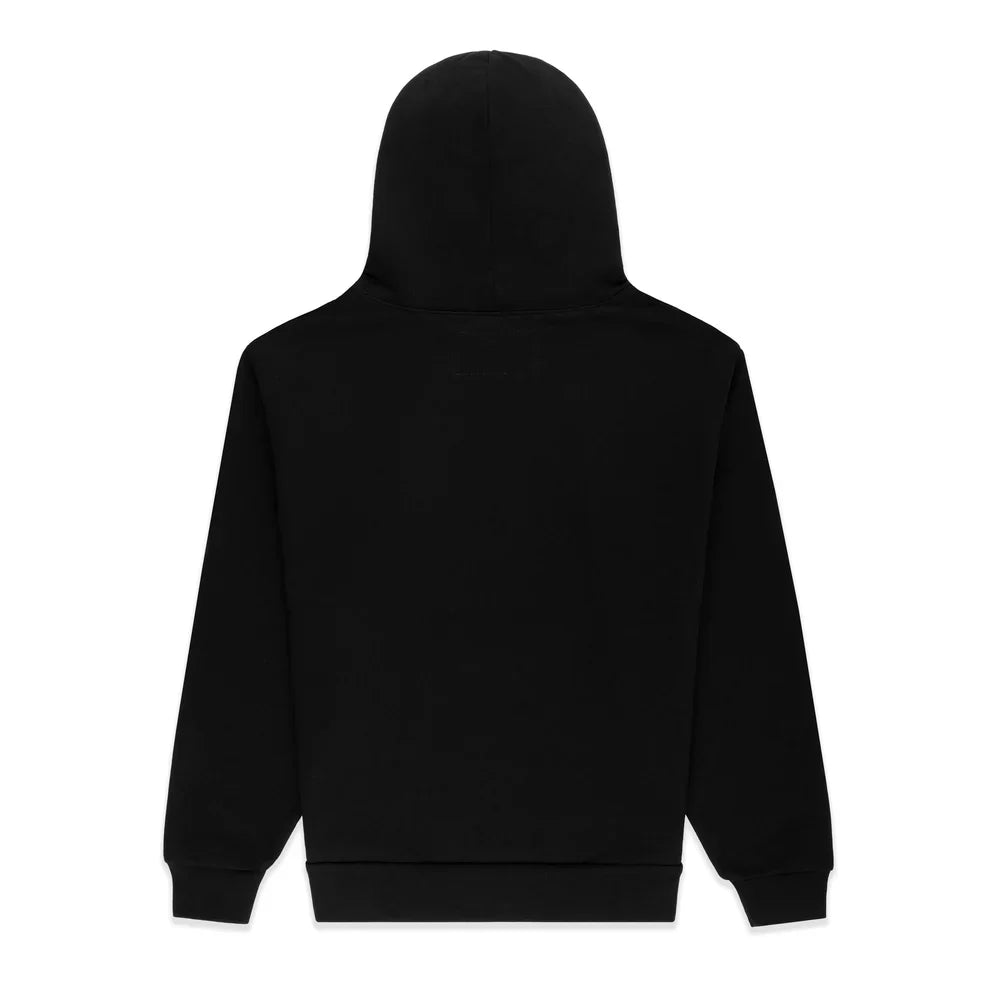 The Sp5der Rhinestone Web Hoodie is a black, oversized streetwear pullover made from 440GSM heavyweight cotton fleece, shown from the back with long sleeves and a minimalist look, offering understated luxury with no visible logos or designs.