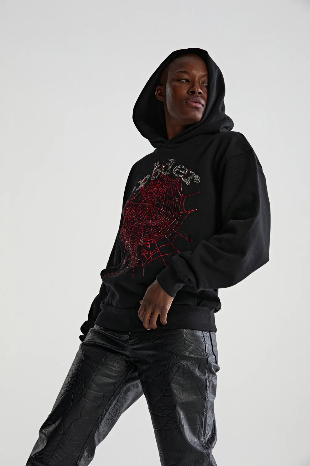 Sp5der Rhinestone Web Hoodie – Black 440GSM Heavyweight Oversized Streetwear Pullover
