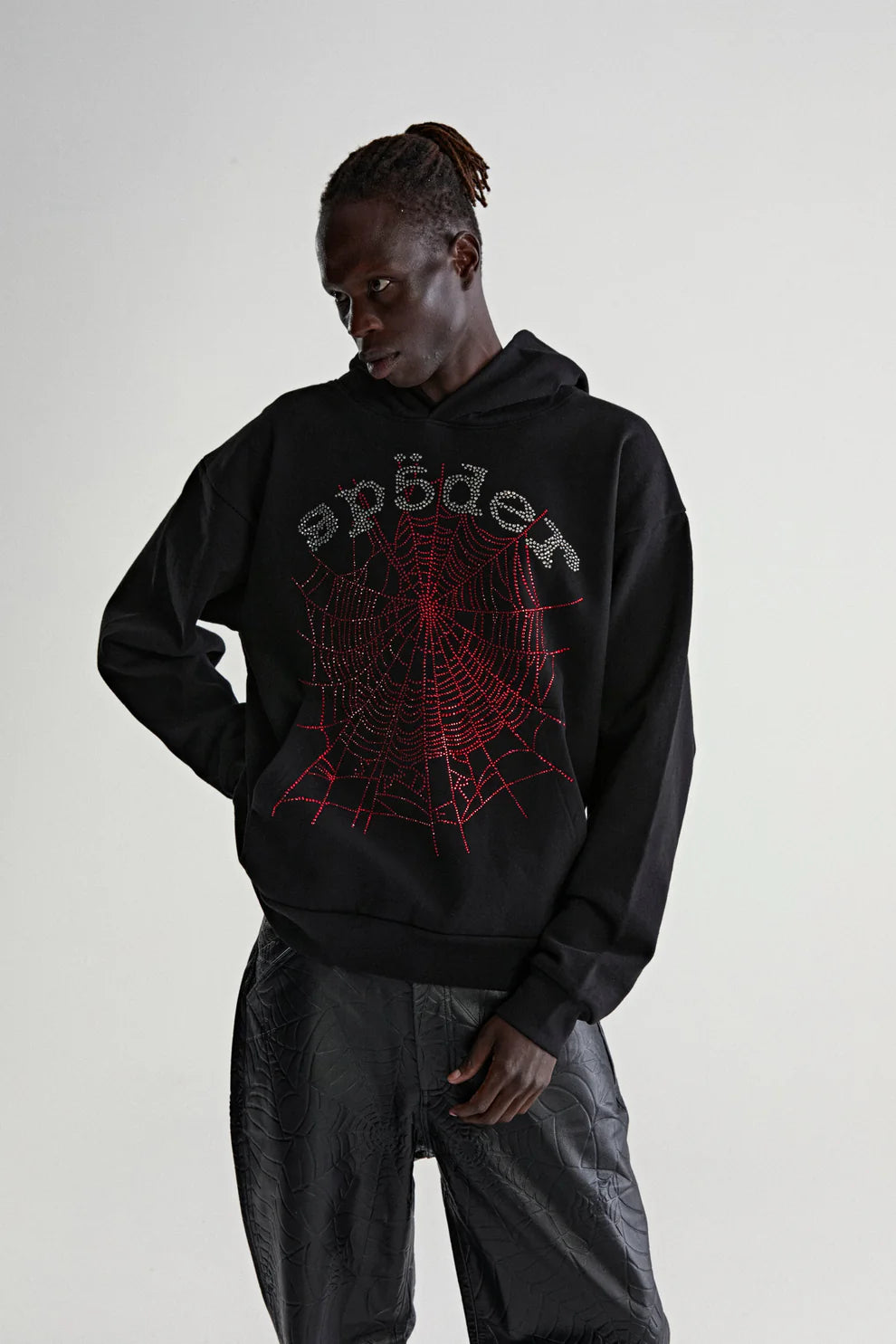 Sp5der Rhinestone Web Hoodie – Black 440GSM Heavyweight Oversized Streetwear Pullover