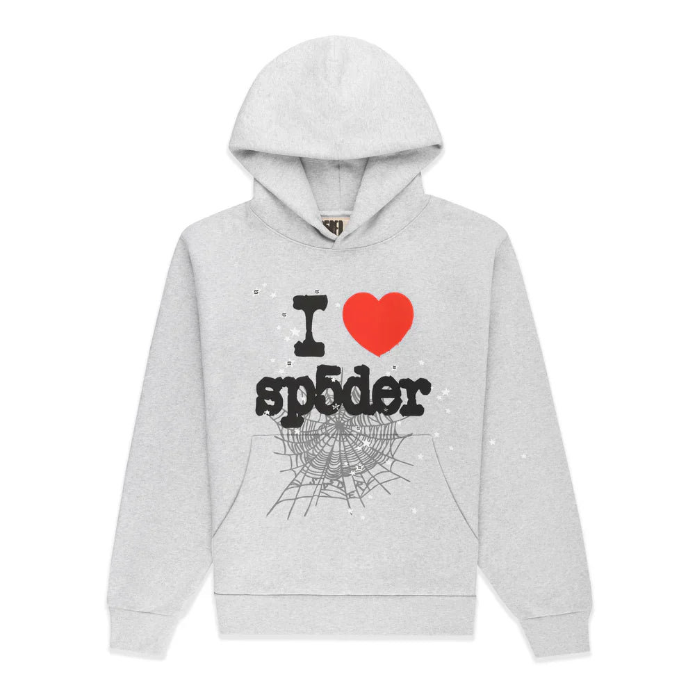 The Sp5der “I Love Sp5der” Hoodie in grey is a 440GSM heavyweight oversized streetwear pullover featuring "I ❤️ spider" text in black and red with a large red heart and spider web graphic for an authentic Y2K vibe.