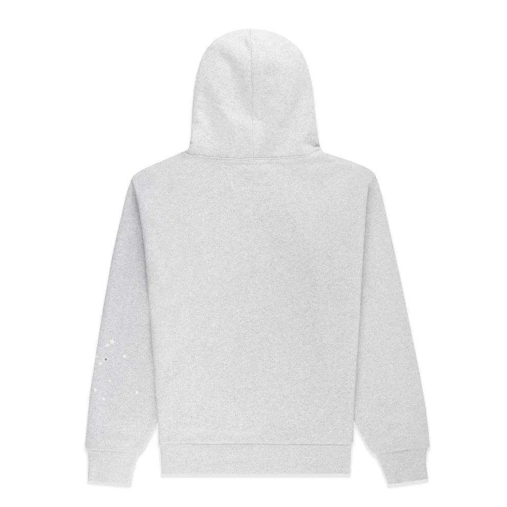 The Sp5der “I Love Sp5der” Hoodie – Grey is a 440GSM heavyweight, oversized streetwear pullover with a light gray color and small white paint splatter details on the right sleeve near the hem—ideal for Y2K style lovers.