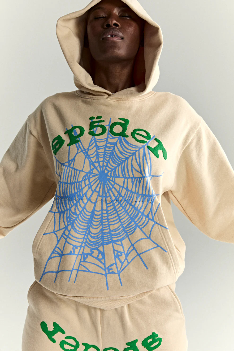 Sp5der “Sky Web” Hoodie – Cream / Blue / Green 440GSM Oversized Streetwear Pullover