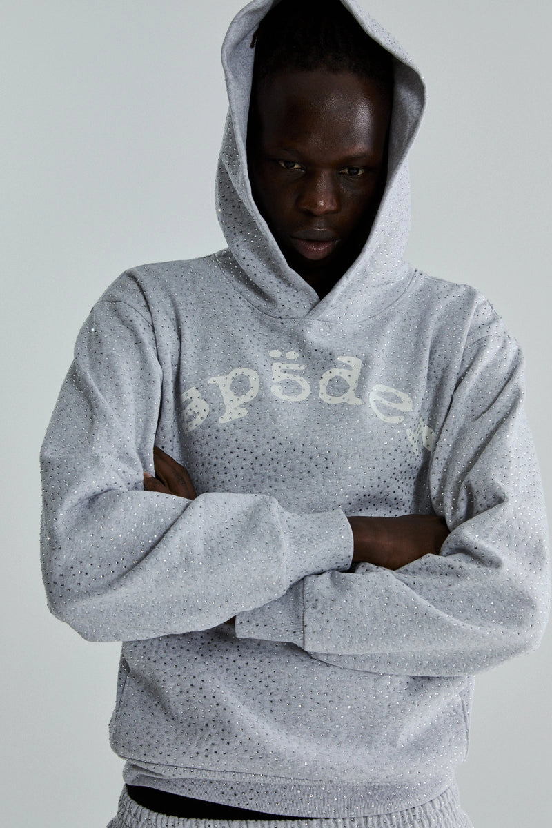 A person in the Grey Sp5der Rhinestone VVS Hoodie 440GSM—an all-over rhinestone grey hoodie—stands with arms crossed, looking downward.