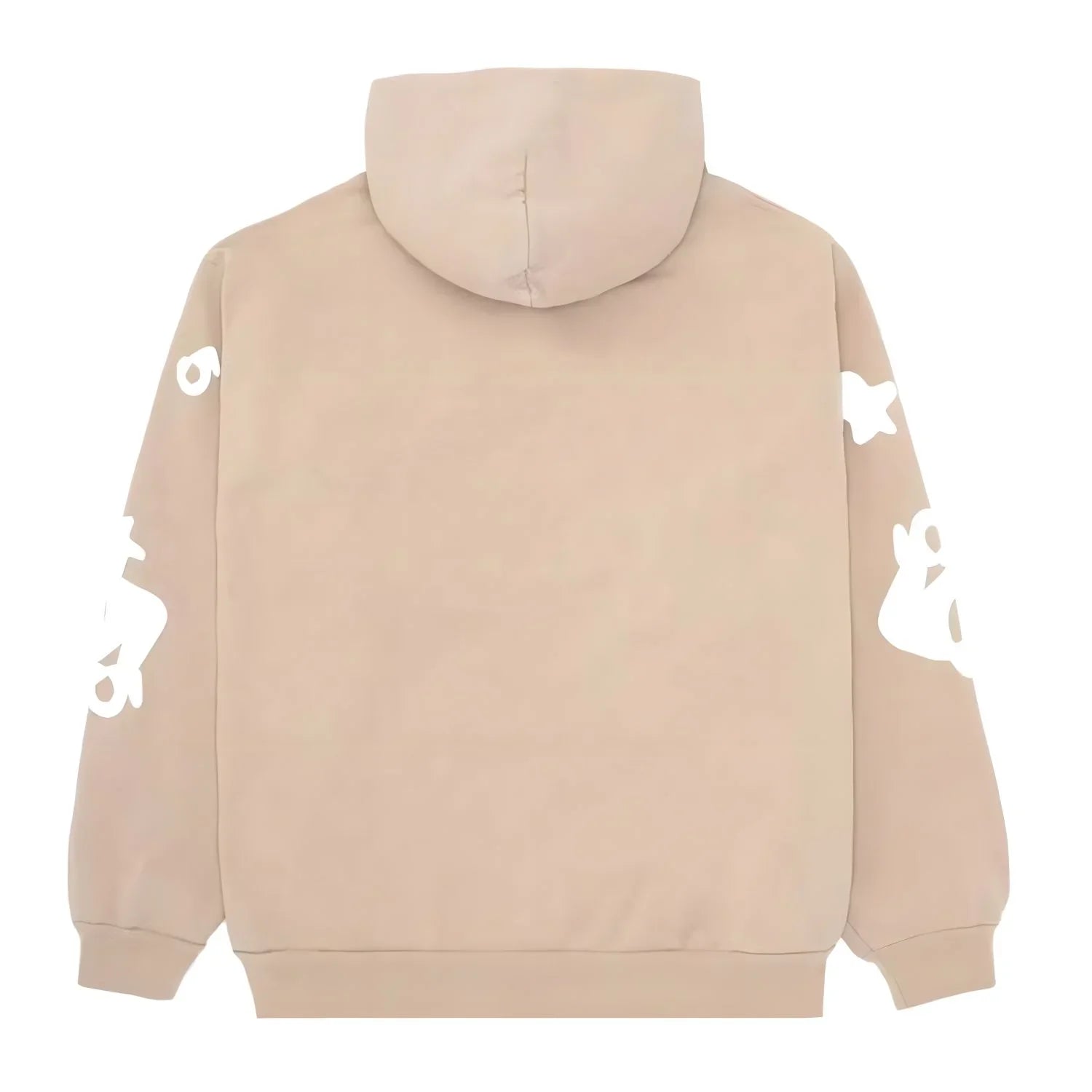 The Sp5der Star Hoodie is a brown & white 440GSM heavyweight cotton fleece pullover with an oversized fit, featuring white abstract graphics on both sleeves and a plain back, capturing the classic Sp5der hoodie streetwear vibe.