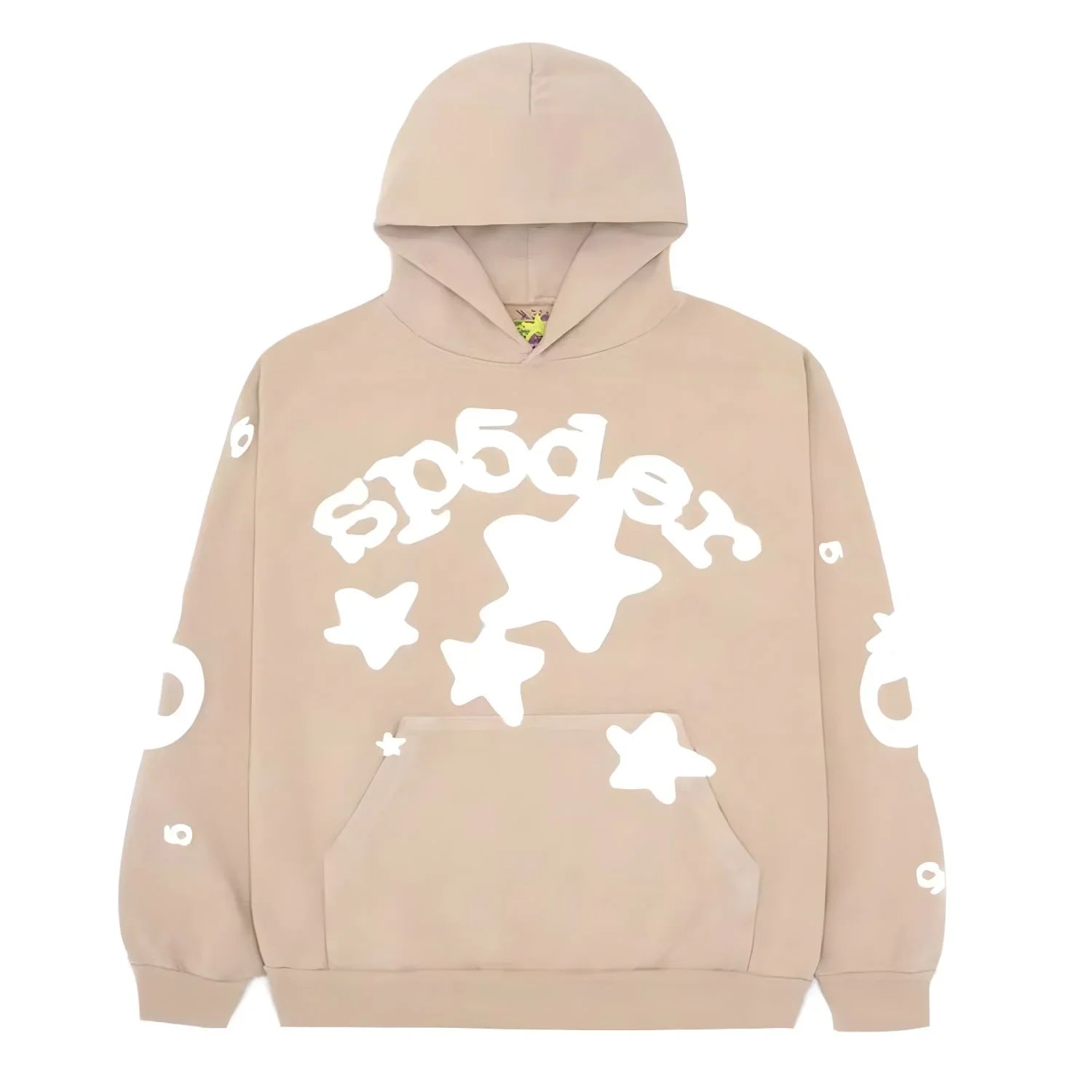 The Sp5der Star Hoodie in brown and white is a 440GSM heavyweight oversized streetwear pullover, featuring bold white chest text and scattered white star shapes on the front and sleeves.