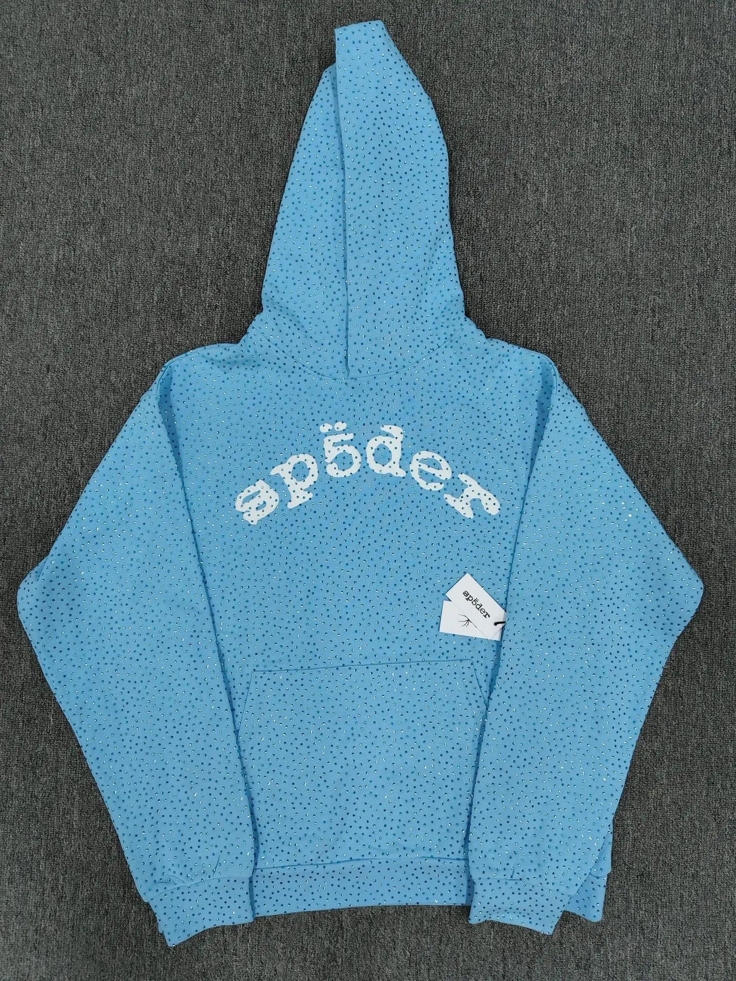 Sp5der baby blue hoodie with all-over rhinestone detailing and arched rhinestone logo on the back