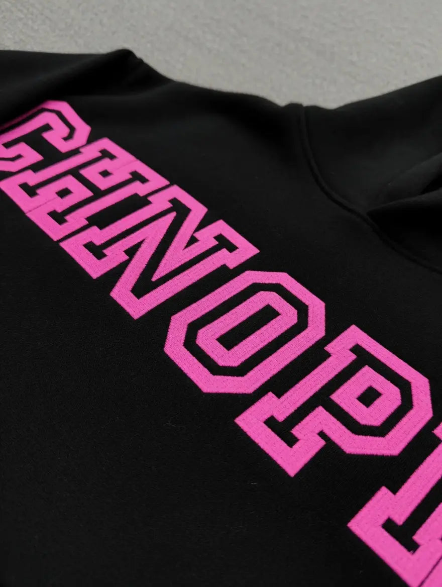 Sp5der Arachnophobia Black Hoodie Pink Varsity Lettering