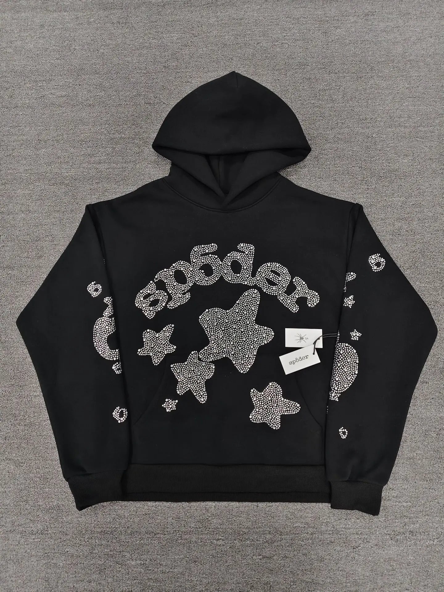 Sp5der black pullover hoodie with rhinestone star logo and lettering on chest and sleeves