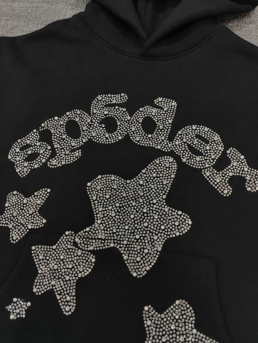 Sp5der Black Rhinestone Star Logo Hoodie 100% Cotton