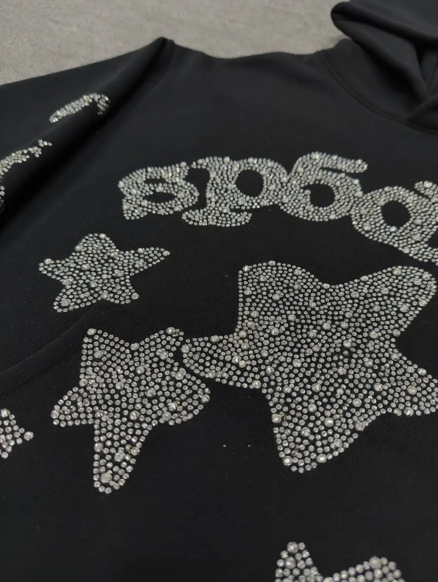 Sp5der Black Rhinestone Star Logo Hoodie 100% Cotton