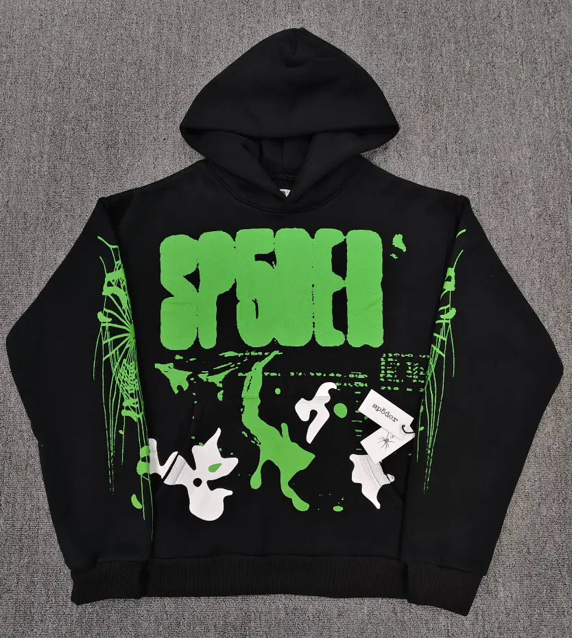 Sp5der black hoodie with neon green slime ghost graphic and spider web sleeve prints laid flat on a grey surface