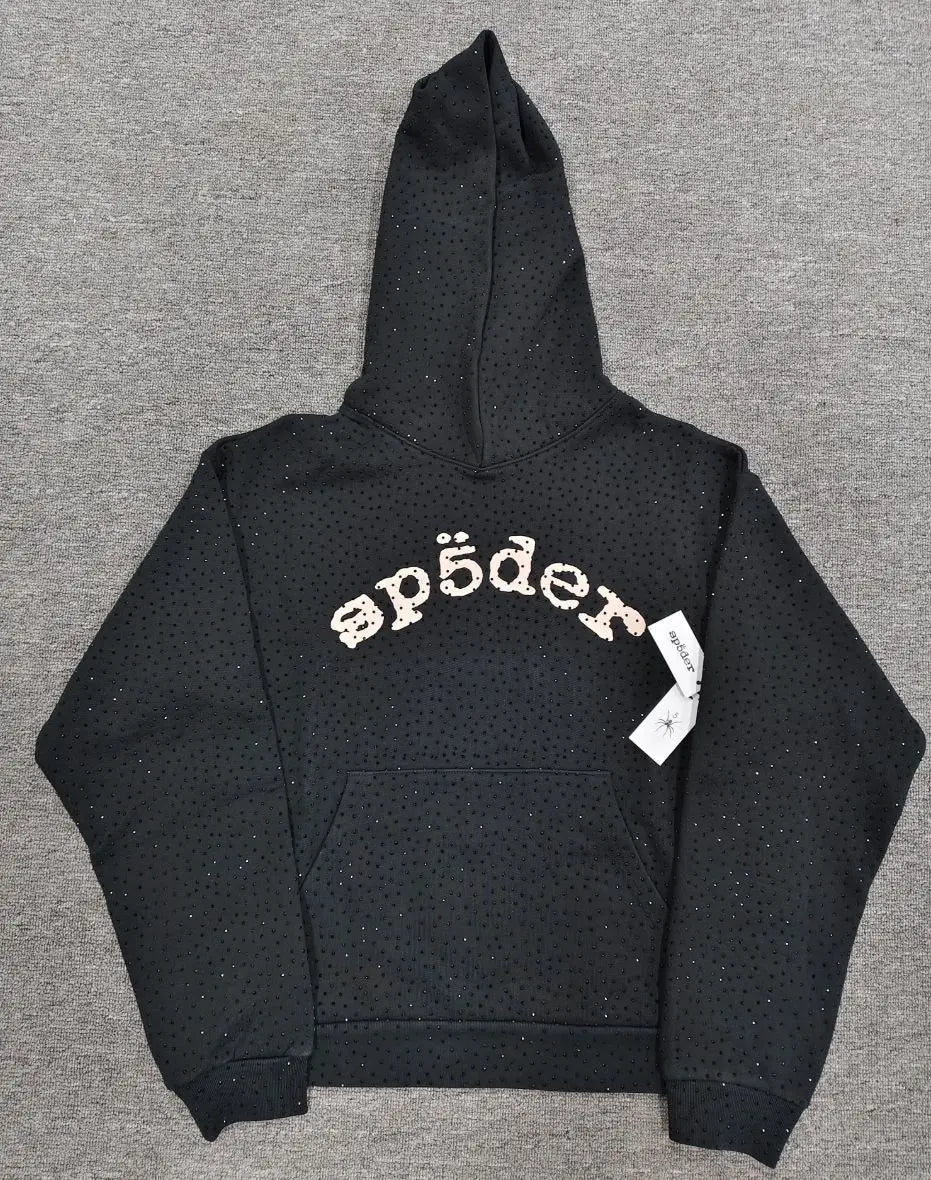 Sp5der black cotton hoodie with all-over rhinestone detailing and cream arched logo on the chest