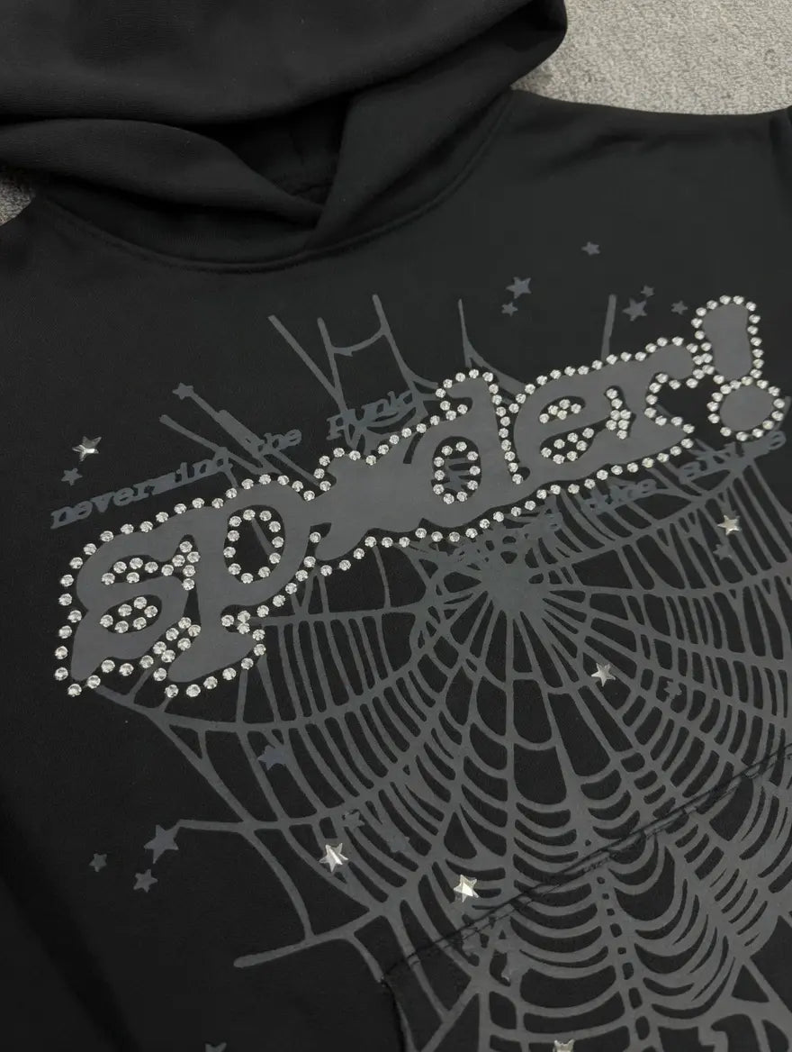 Sp5der Black Rhinestone Spiderweb Graphic Hoodie