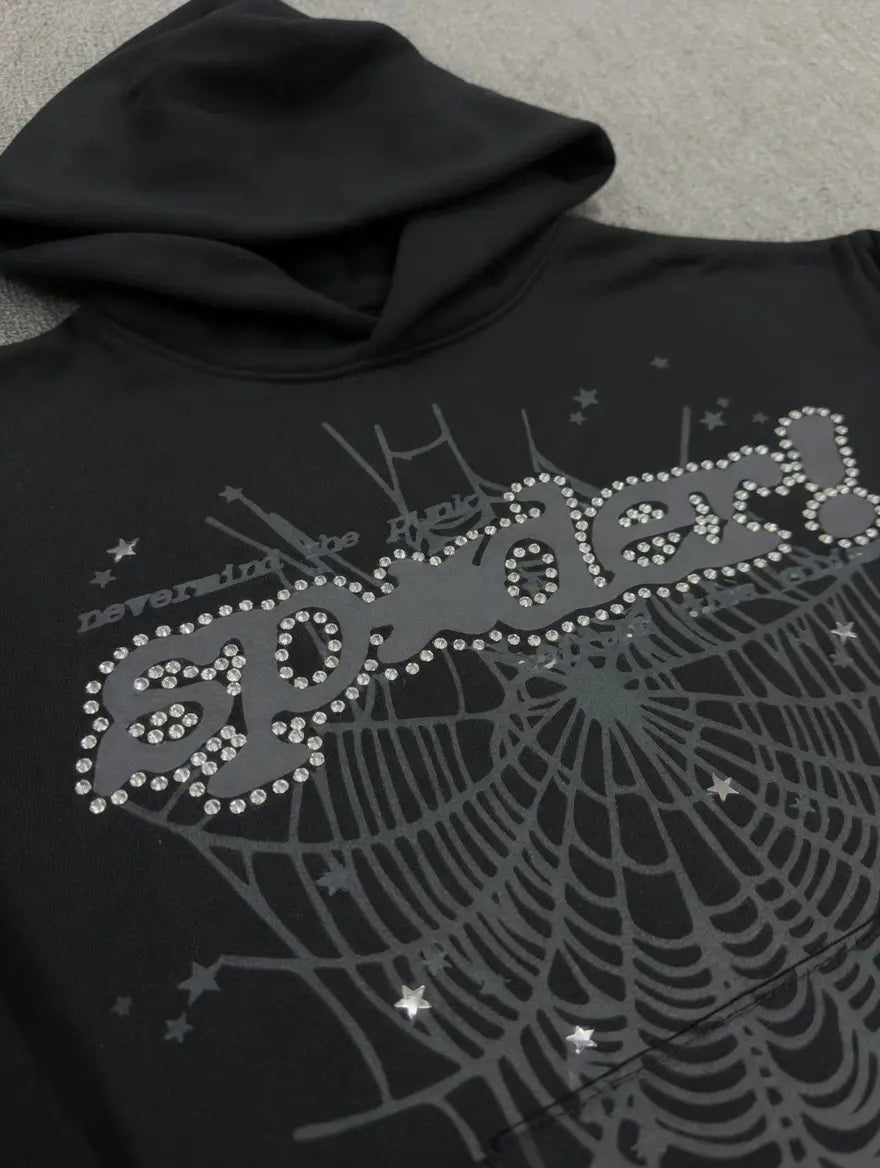 Sp5der Black Rhinestone Spiderweb Graphic Hoodie