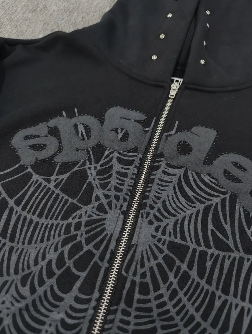 Sp5der Black Zip-Up Hoodie with Spiderweb Graphic
