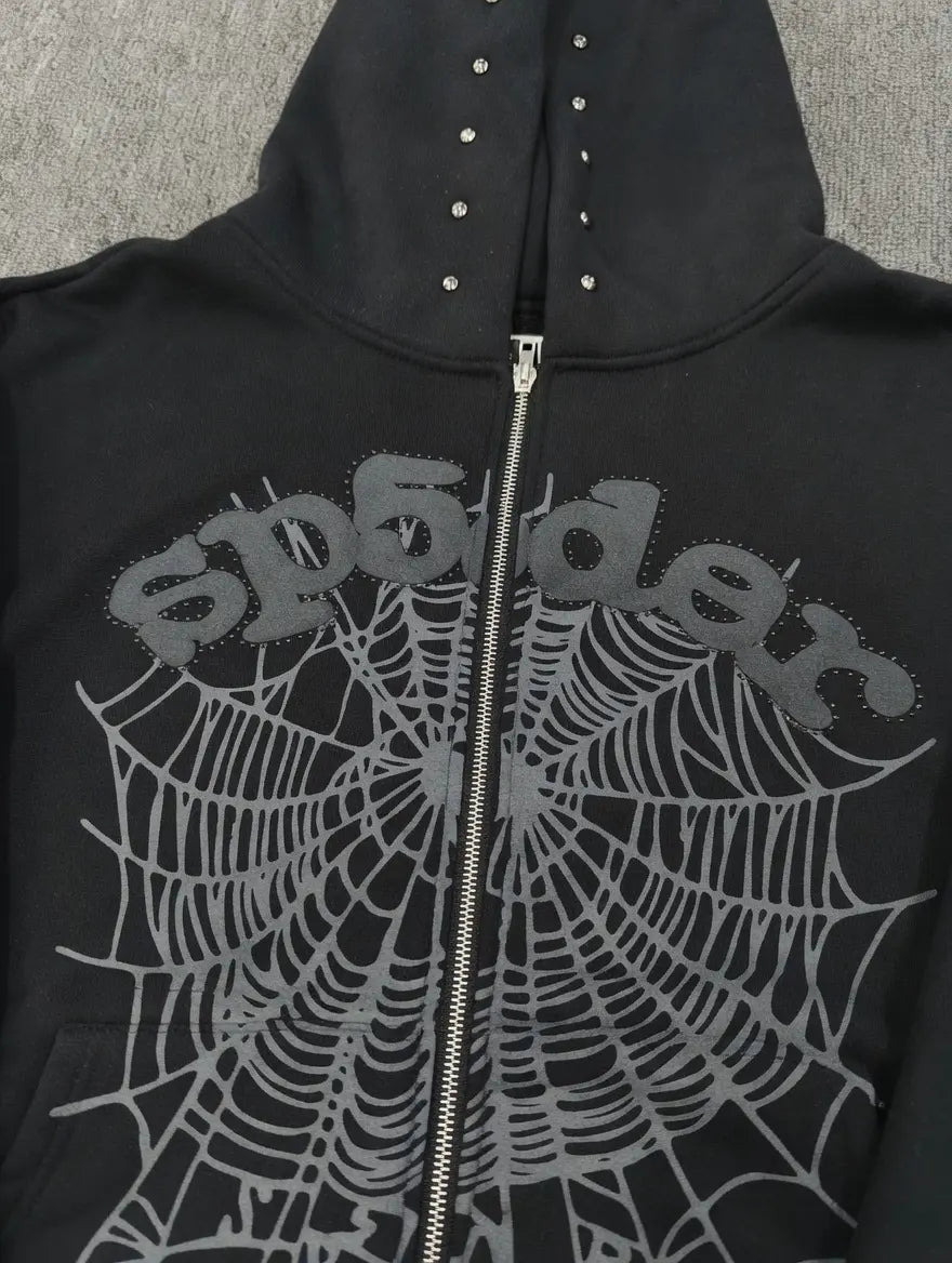 Sp5der Black Zip-Up Hoodie with Spiderweb Graphic