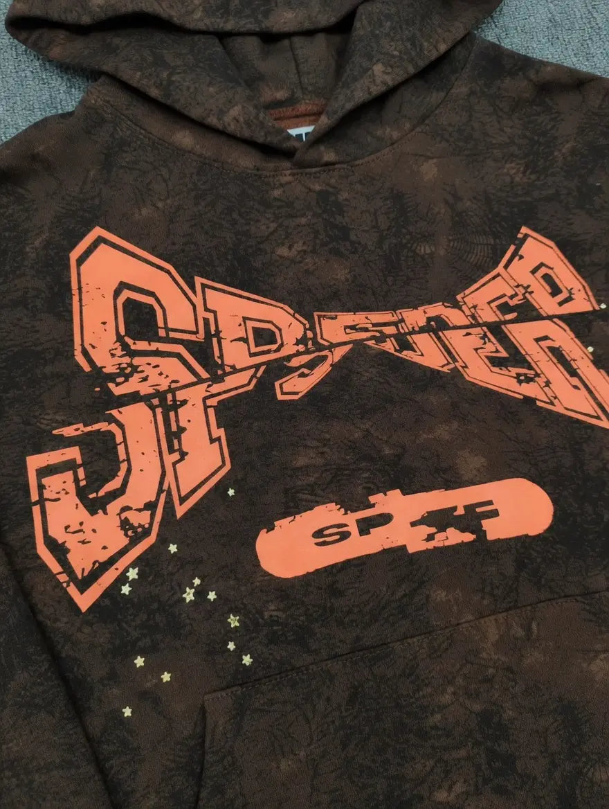 Sp5der Brown Tie-Dye Hoodie with Orange Logo Print