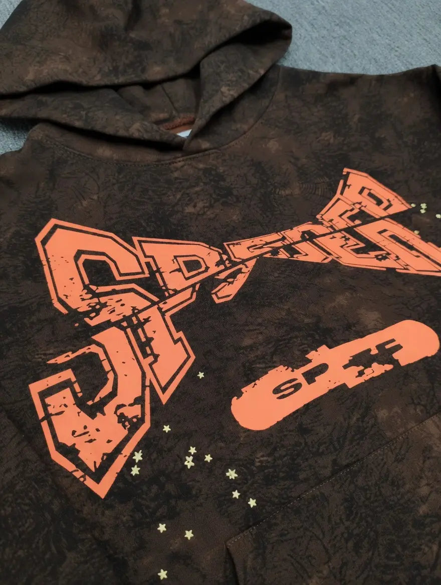 Sp5der Brown Tie-Dye Hoodie with Orange Logo Print