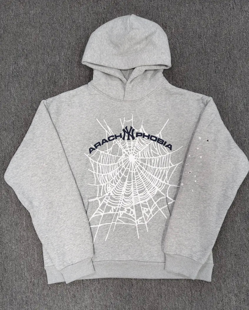 Grey Sp5der Arachnophobia NY spiderweb graphic pullover hoodie with navy lettering and sleeve star details
