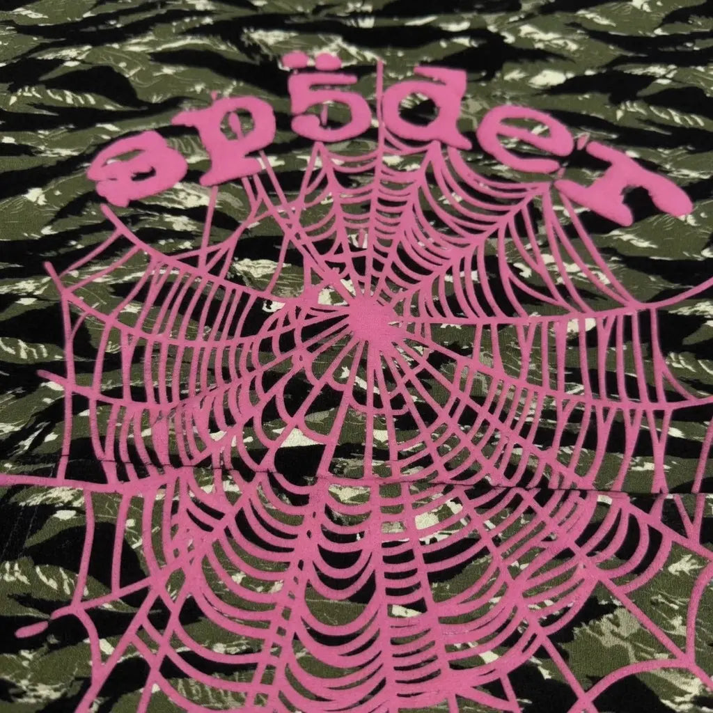 Sp5der Tiger Camo Hoodie with Pink Spiderweb Logo