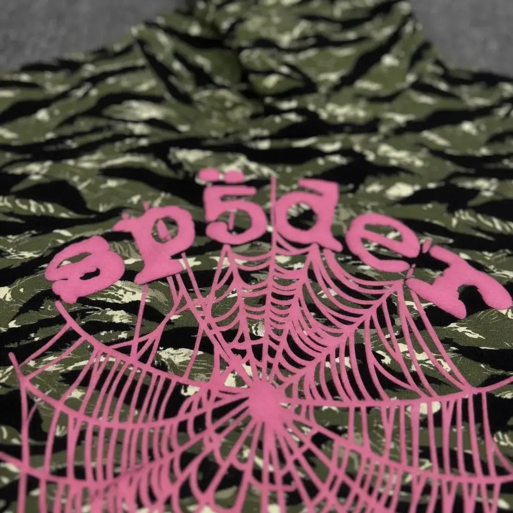 Sp5der Tiger Camo Hoodie with Pink Spiderweb Logo